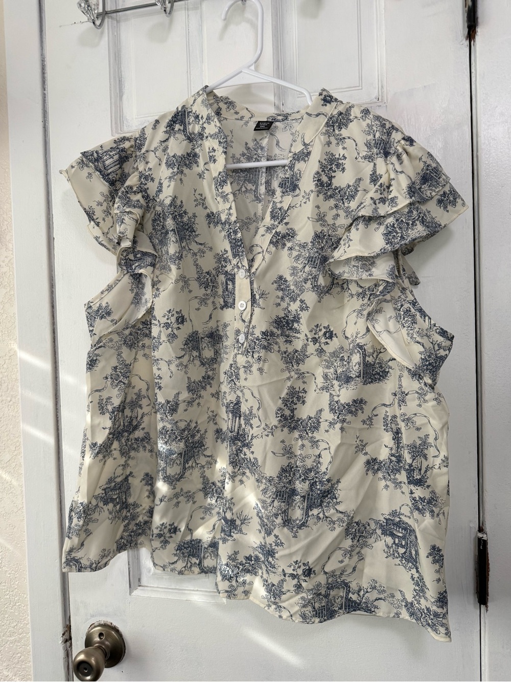 SHEIN Cream Blouse with Blue Toile Print and Ruffle Sleeves